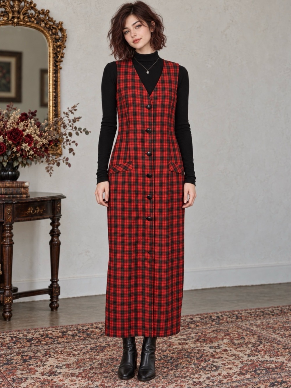 Vintage 90s Jumper Red Black Plaid Column Maxi Dress Dark Academia Small S